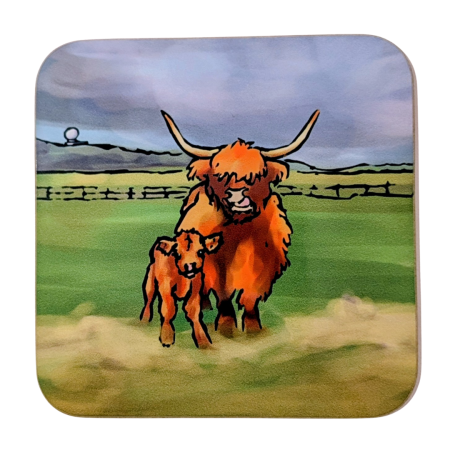 highland cows on a coaster inspired by ruadh rooibos tea