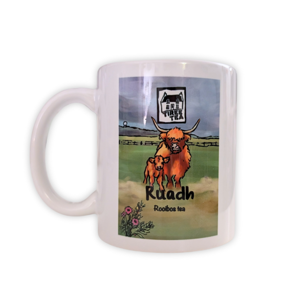 highland cows on a mug inspired by ruadh rooibos tea
